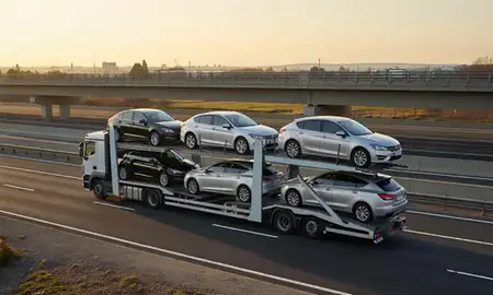 Car transporter with the Hatfield, Hertfordshire, United Kingdom skyline behind it