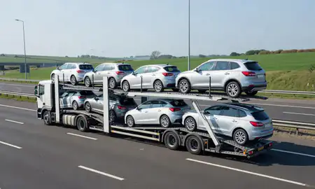 Multi-level car carrier on the motorway to Hemel Hempstead, Hertfordshire, United Kingdom