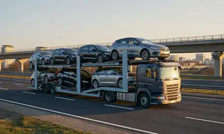 Car transporter with the Hemel Hempstead, Hertfordshire, United Kingdom skyline behind it