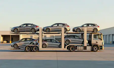 Car transporter parked in an industrial area of Hitchin, Hertfordshire, United Kingdom