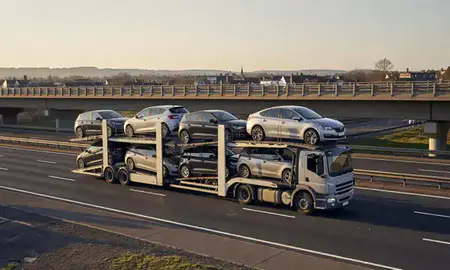 Car transporter with the Hitchin, Hertfordshire, United Kingdom skyline behind it