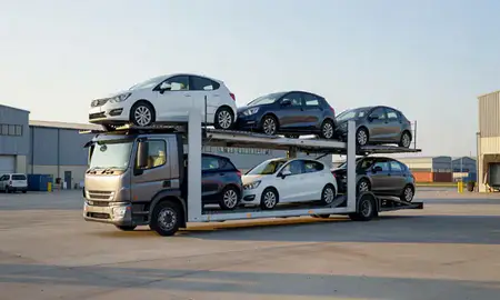 Car transporter loaded with vehicles in Hoddesdon, Hertfordshire, United Kingdom