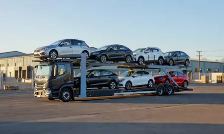 Car transporter loaded with vehicles in St Albans, Hertfordshire, United Kingdom