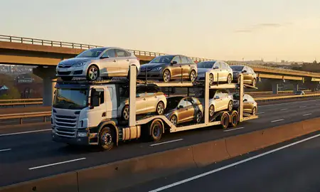 Car transporter with the St Albans, Hertfordshire, United Kingdom skyline behind it