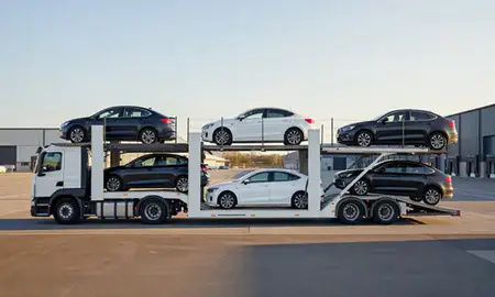 Car transporter parked in an industrial area of Welwyn Garden City, Hertfordshire, United Kingdom