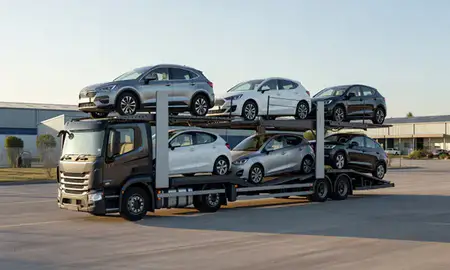 Car transporter loaded with vehicles in Welwyn Garden City, Hertfordshire, United Kingdom