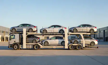 Car transporter parked in an industrial area of Hertfordshrie, United Kingdom