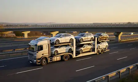 Car transporter with the Hertfordshrie, United Kingdom skyline behind it