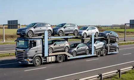 Multi-level car carrier on the motorway to Stevenage, Hertfordshrie, United Kingdom