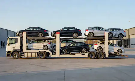Car transporter parked in an industrial area of Stevenage, Hertfordshrie, United Kingdom