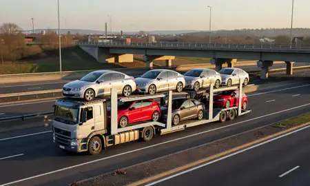 Car transporter with the Stevenage, Hertfordshrie, United Kingdom skyline behind it