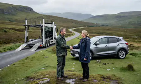 Vehicle owner beside their delivered car in Highland, United Kingdom