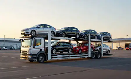 Car transporter loaded with vehicles in Highland, United Kingdom