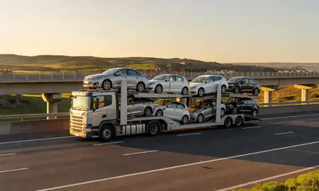 Car transporter with the Highland, United Kingdom skyline behind it