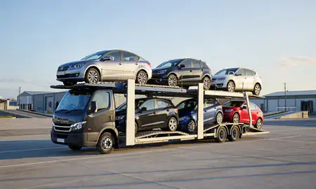 Car transporter loaded with vehicles in Inverness, Highland, United Kingdom