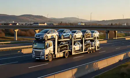 Car transporter with the Inverness, Highland, United Kingdom skyline behind it