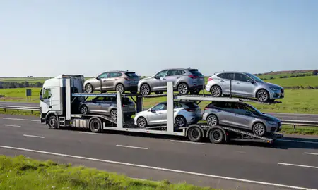 Multi-level car carrier on the motorway to Inverclyde, United Kingdom
