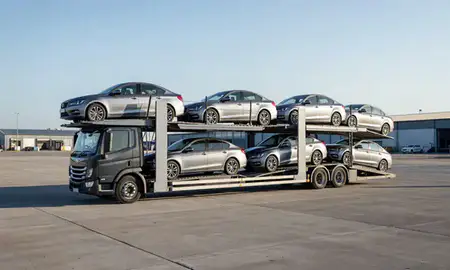 Car transporter loaded with vehicles in Inverclyde, United Kingdom