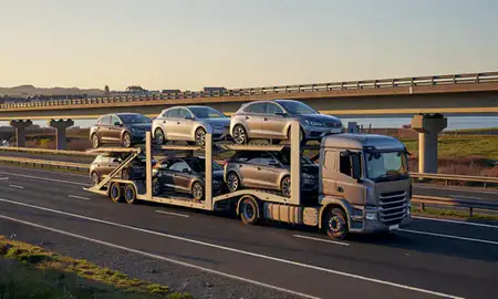 Car transporter with the Inverclyde, United Kingdom skyline behind it