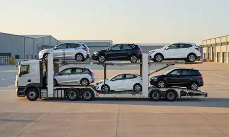 Car transporter parked in an industrial area of Greenock, Inverclyde, United Kingdom