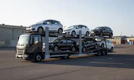 Car transporter loaded with vehicles in Greenock, Inverclyde, United Kingdom
