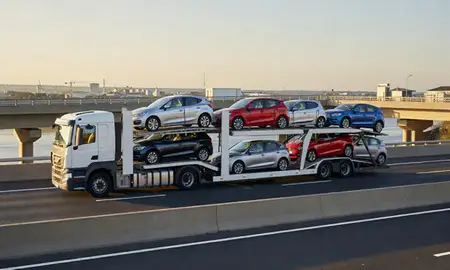 Car transporter with the Greenock, Inverclyde, United Kingdom skyline behind it