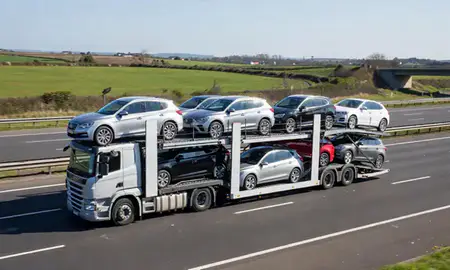 Multi-level car carrier on the motorway to Kent, United Kingdom
