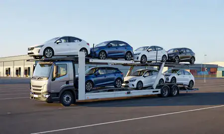 Car transporter loaded with vehicles in Kent, United Kingdom