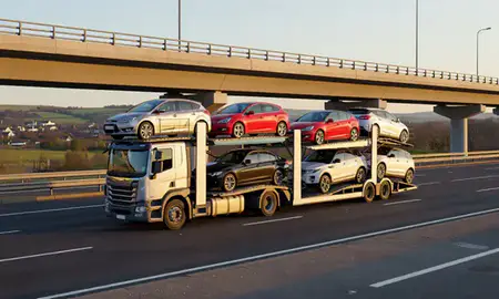 Car transporter with the Kent, United Kingdom skyline behind it