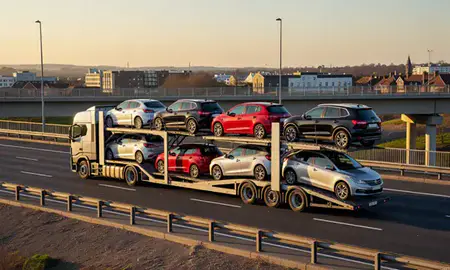 Car transporter with the Ashford, Kent, United Kingdom skyline behind it
