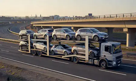 Car transporter with the Canterbury, Kent, United Kingdom skyline behind it