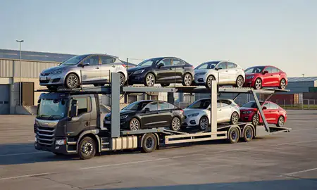 Car transporter loaded with vehicles in Chatham, Kent, United Kingdom