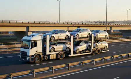 Car transporter with the Chatham, Kent, United Kingdom skyline behind it