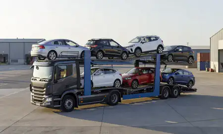 Car transporter loaded with vehicles in Dover, Kent, United Kingdom