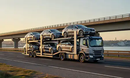 Car transporter with the Dover, Kent, United Kingdom skyline behind it
