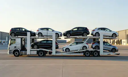 Car transporter parked in an industrial area of Folkestone, Kent, United Kingdom