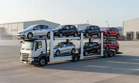 Car transporter loaded with vehicles in Folkestone, Kent, United Kingdom