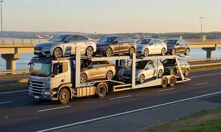 Car transporter with the Folkestone, Kent, United Kingdom skyline behind it