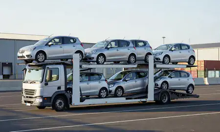 Car transporter loaded with vehicles in Gillingham, Kent, United Kingdom
