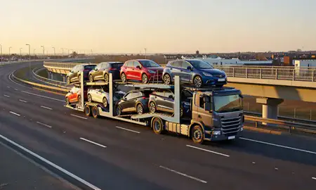 Car transporter with the Gillingham, Kent, United Kingdom skyline behind it