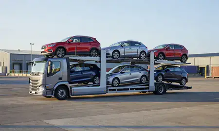 Car transporter loaded with vehicles in Gravesend, Kent, United Kingdom