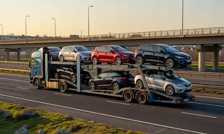 Car transporter with the Gravesend, Kent, United Kingdom skyline behind it