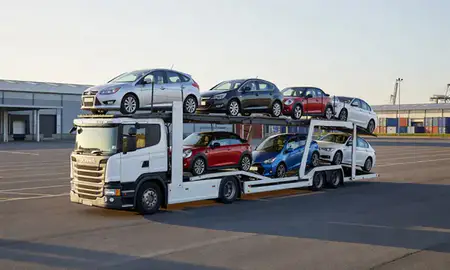 Car transporter loaded with vehicles in Herne Bay, Kent, United Kingdom