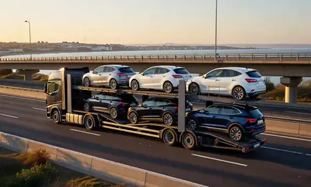 Car transporter with the Herne Bay, Kent, United Kingdom skyline behind it