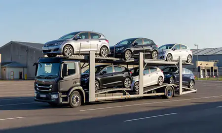 Car transporter loaded with vehicles in Maidstone, Kent, United Kingdom