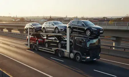 Car transporter with the Maidstone, Kent, United Kingdom skyline behind it