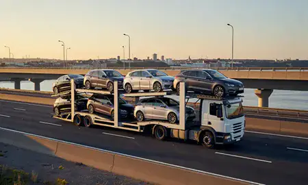Car transporter with the Ramsgate, Kent, United Kingdom skyline behind it