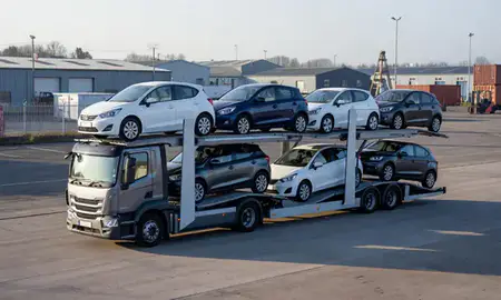 Car transporter loaded with vehicles in Rochester, Kent, United Kingdom