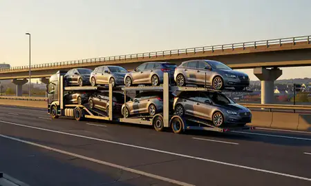 Car transporter with the Rochester, Kent, United Kingdom skyline behind it