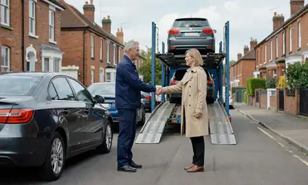 Vehicle owner beside their delivered car in Royal Tunbridge Wells, Kent, United Kingdom